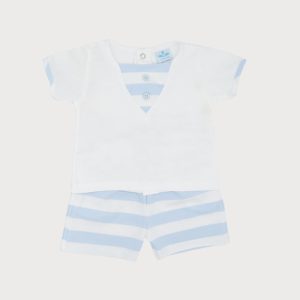 Sardon White and Blue Striped Shorts Set