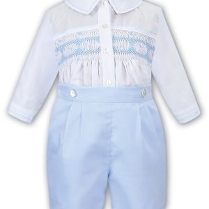 Sarah Louise White and Blue Smocked Two Piece Shorts Set C4000
