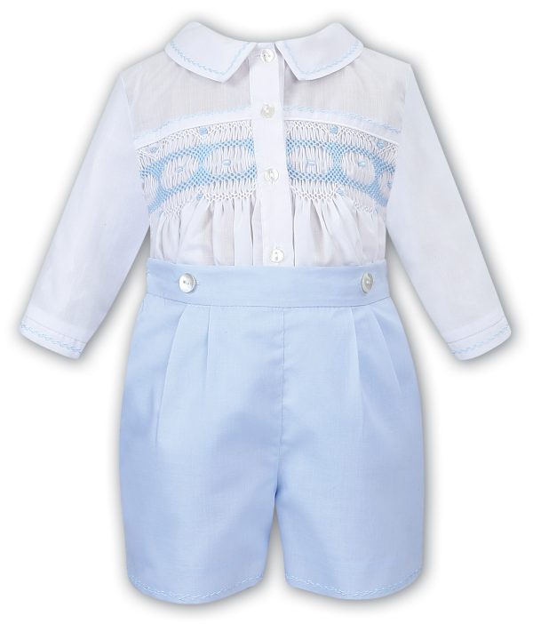 Sarah Louise White and Blue Smocked Two Piece Shorts Set C4000