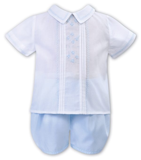 Sarah Louise White and Blue Two Piece Embroidered Shorts Set C4001