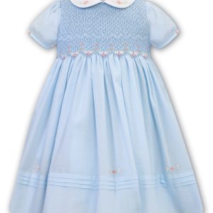 Sarah Louise Blue Short Sleeved Dress with Hand Embroidered Flowers C7501