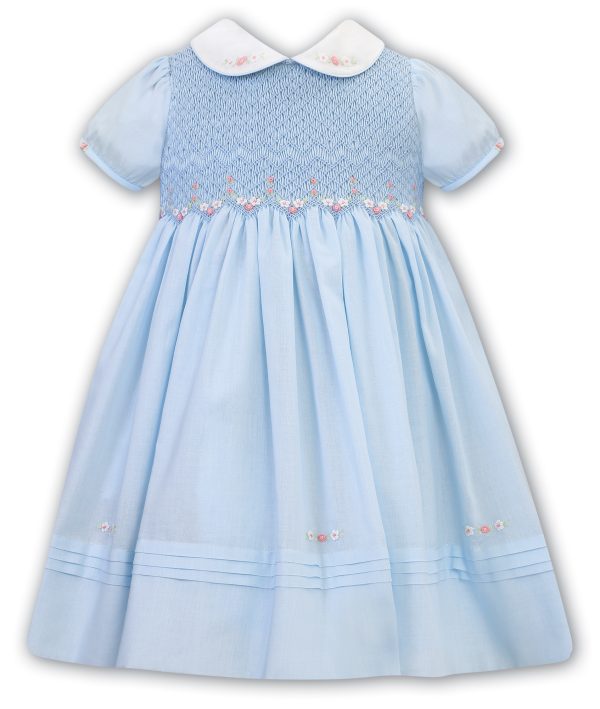 Sarah Louise Blue Short Sleeved Dress with Hand Embroidered Flowers C7501