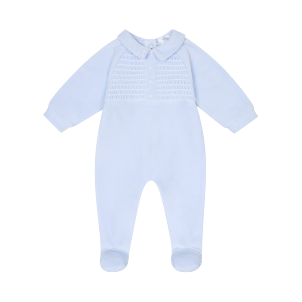 Deolinda Sky Blue Velour Smocked Babygrow