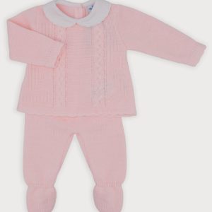Sardon Pink Knitted Pant Set With Peter Pan Collar
