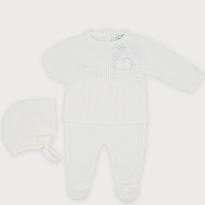 Sardon White Knitted Pant Set with Bonnet