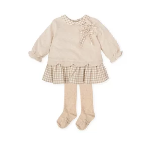 Tutto Piccolo Sand Gingham Dress with tights