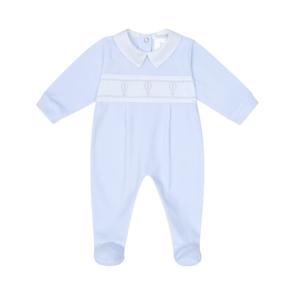 Deolinda Sky Blue Magic Velour Babygrow with Hot Air Balloons