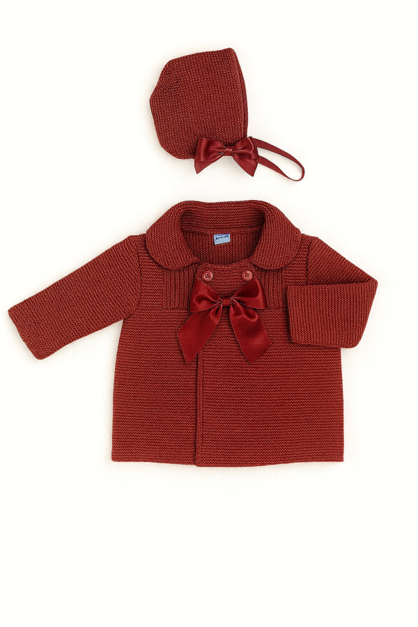 Sardon Red Knitted Jacket with Bow and Bonnet