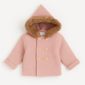 Sardon Dusky Pink Knitted Jacket with Faux Fur Lined Hood