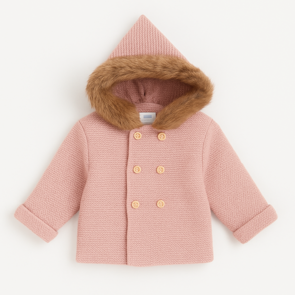 Sardon Dusky Pink Knitted Jacket with Faux Fur Lined Hood
