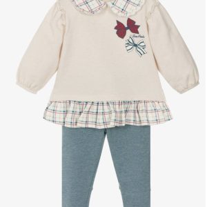 Tutto Piccolo Beige and Blue Legging Set With Bow Print