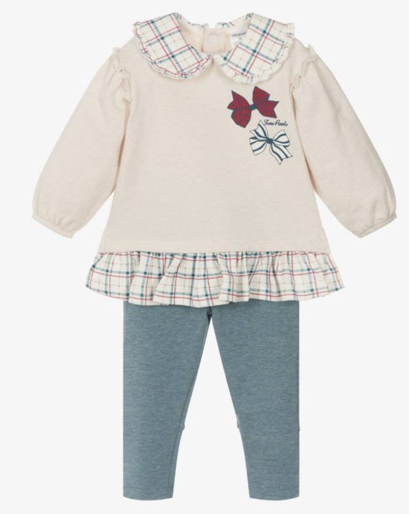 Tutto Piccolo Beige and Blue Legging Set With Bow Print