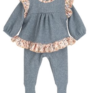 Calamaro Blue Pant and Top Set With Floral Frill Detail